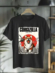 100% Cotton CorgiZilla Parody Japanese Art Corgi Dog Mom Dad Unisex Adult T-Shirt