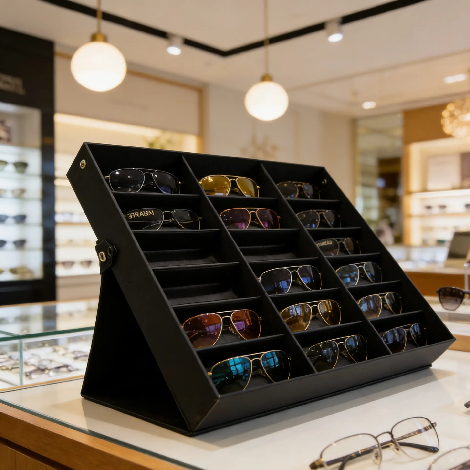 18-Grid Eyewear Display Case, Solid Sunglasses Storage Organizer with Foldable Lid, Density Fiberboard Desktop Stand for an Organized Look, Sunglasses Rack, Folded Lid, Side Buttons, 18 Grid Sorting