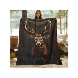 1pc Luxurious Deer & Stag Blanket - Soft Quilted 100% Polyester All-Season Bedspread, Brown/Black/Beige Wood Texture Print, Realistic Stag Antlers - Cozy Couch/Bed Covering, Ideal Gift For Hunters & Nature Lovers-30*40in