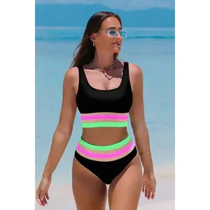 Popvil Color Block Mesh See Through Black Bikini Set, High Waisted Tummy Control Swimsuit, Sexy 2 Piece Bathing Suit for Beach & Vacation
