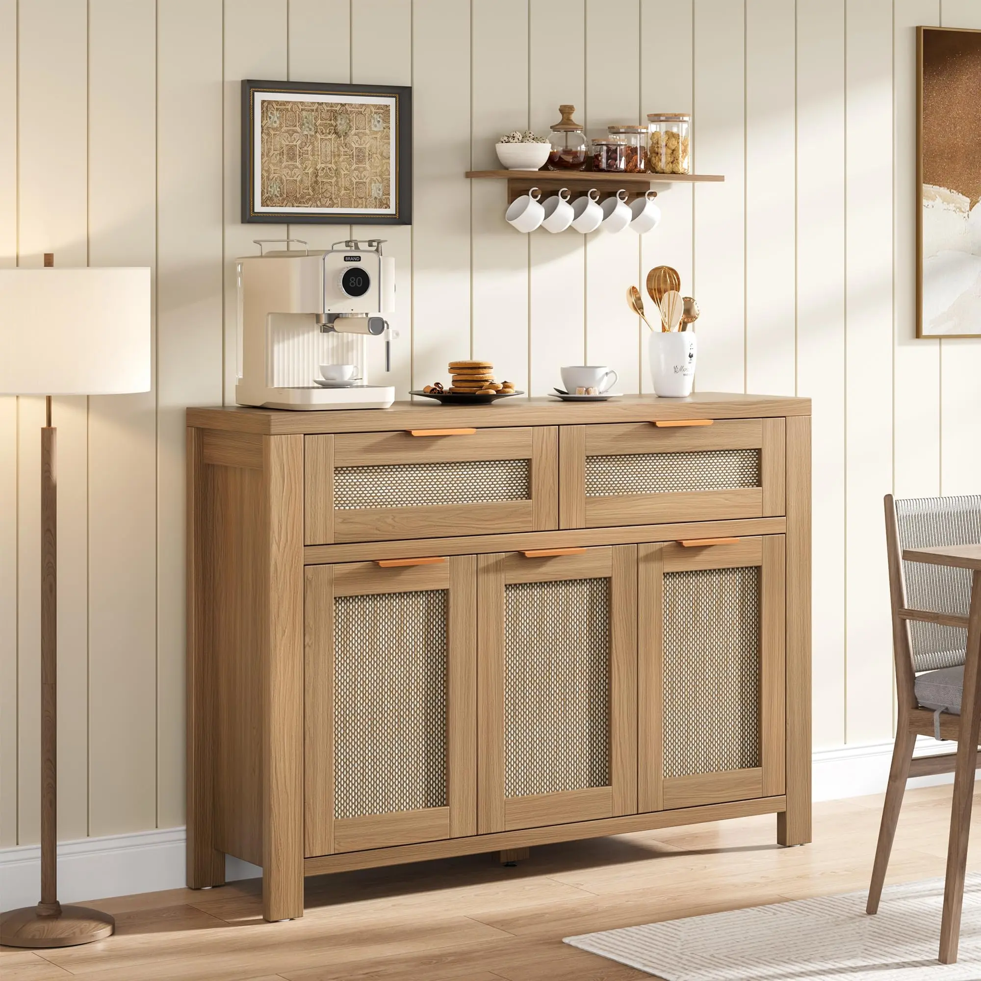 Spacious Storage Rattan Buffet Cabinet – 43" Sideboard with 3 Doors, 2 Drawers, Adjustable Shelves – Boho Farmhouse Dining Room Furniture – For Kitchen, Living Room, or Entryway