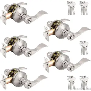 5 Pack Wave Style Keyed Alike Entry Levers, Reversible Keyed Door Handles with Lock and Same Keys, Exterior Interior Entry Locks in Satin Nickel FinishXXALUE BAZAAR11