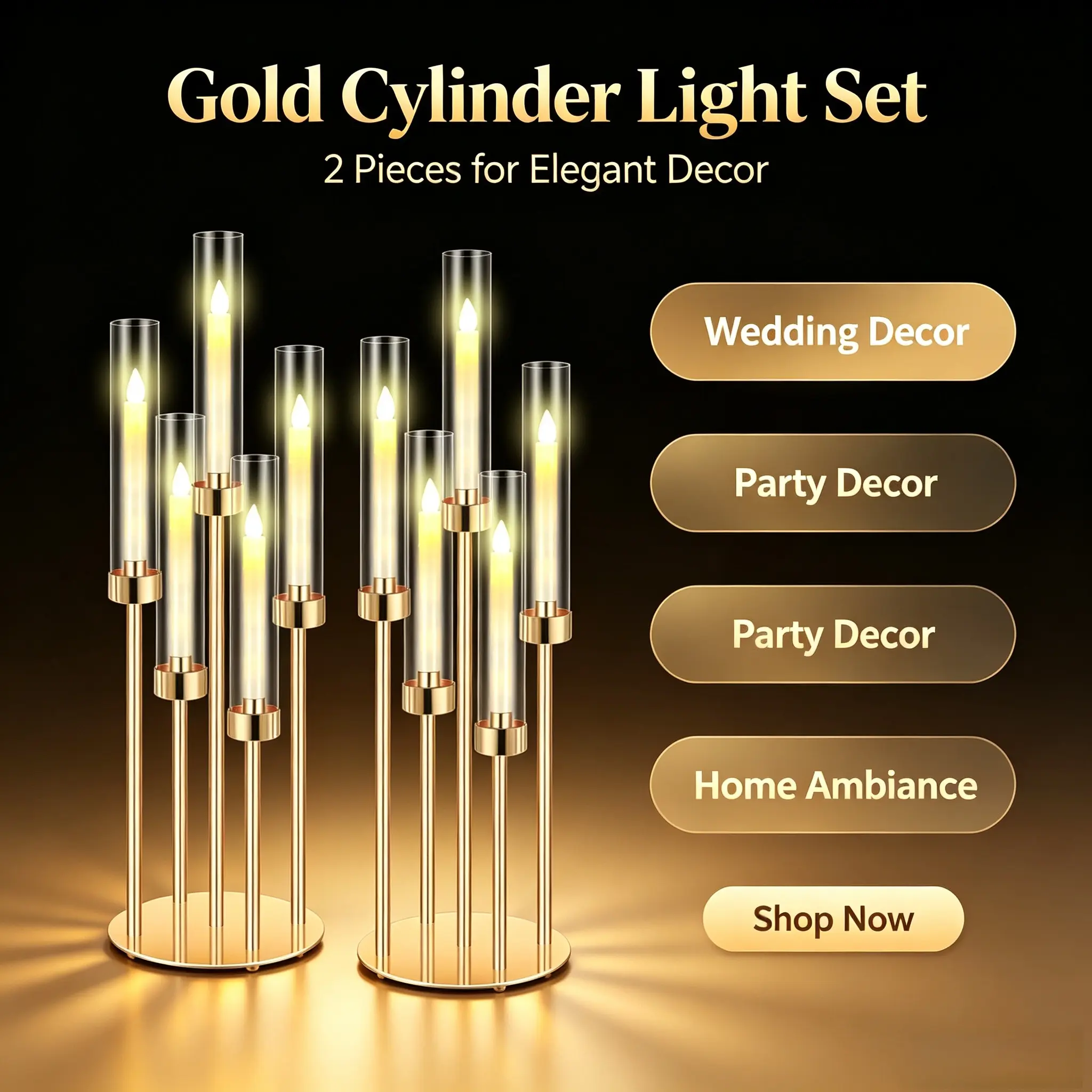 Gold 5-Arm Acrylic Shade Candle Holder (1/2 Pcs) - 26.21in Tall, Casual Art Deco Farmhouse Home Decor, Elegant Table Centerpiece for Weddings & Daily Use