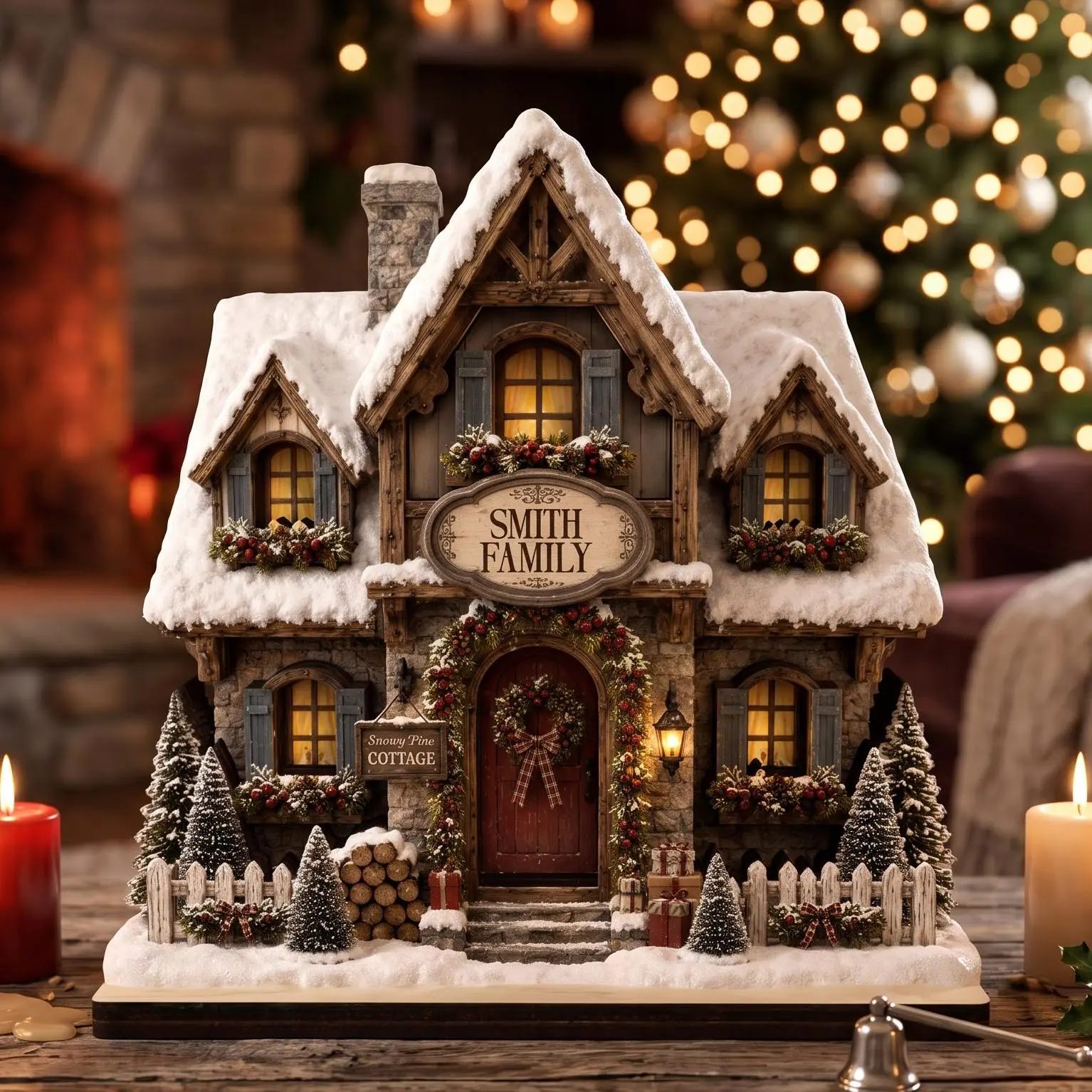 [Send me name familly] Personalized Christmas Village Wooden Sign, Xmas Table Centerpiece Sign, Custom Family Name House Sign for Shelf Desk Mantel, Snowy Winter Cottage Christmas Keepsake for Families Couples, Christmas Decoration 2026