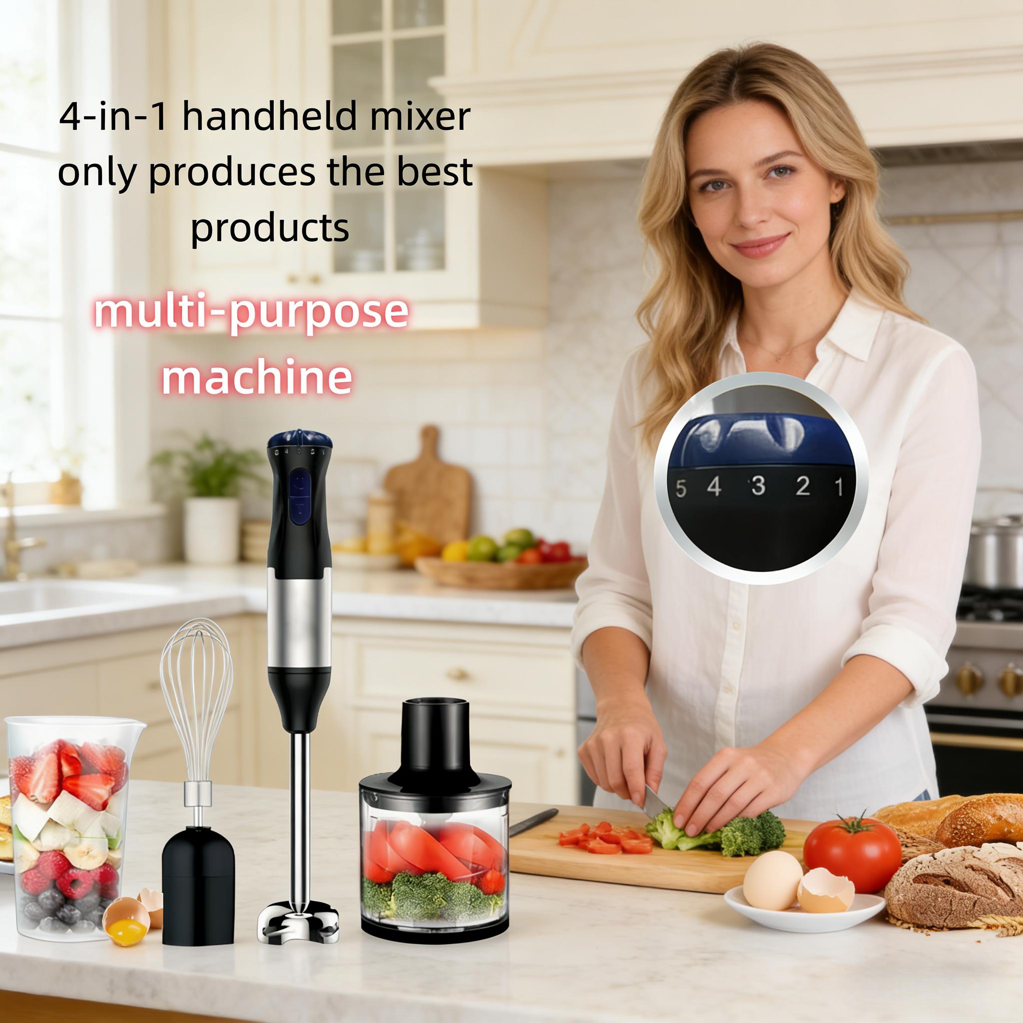 700W Immersion Blender Handheld Four in One Blender Rod, Used for Crushing Ice Sand, Baby Food, Soup, Manual Blender Turbocharged Stainless Steel Blades, Comes with Whiskey, Chopper, and Beaker