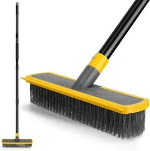 Heavy Duty 2-in-1 Wire Floor Scrub Brush with Long Handle, Stainless Steel Bristle Scrape Scrubber for Deck Concrete Patio Outdoor Moss Removal