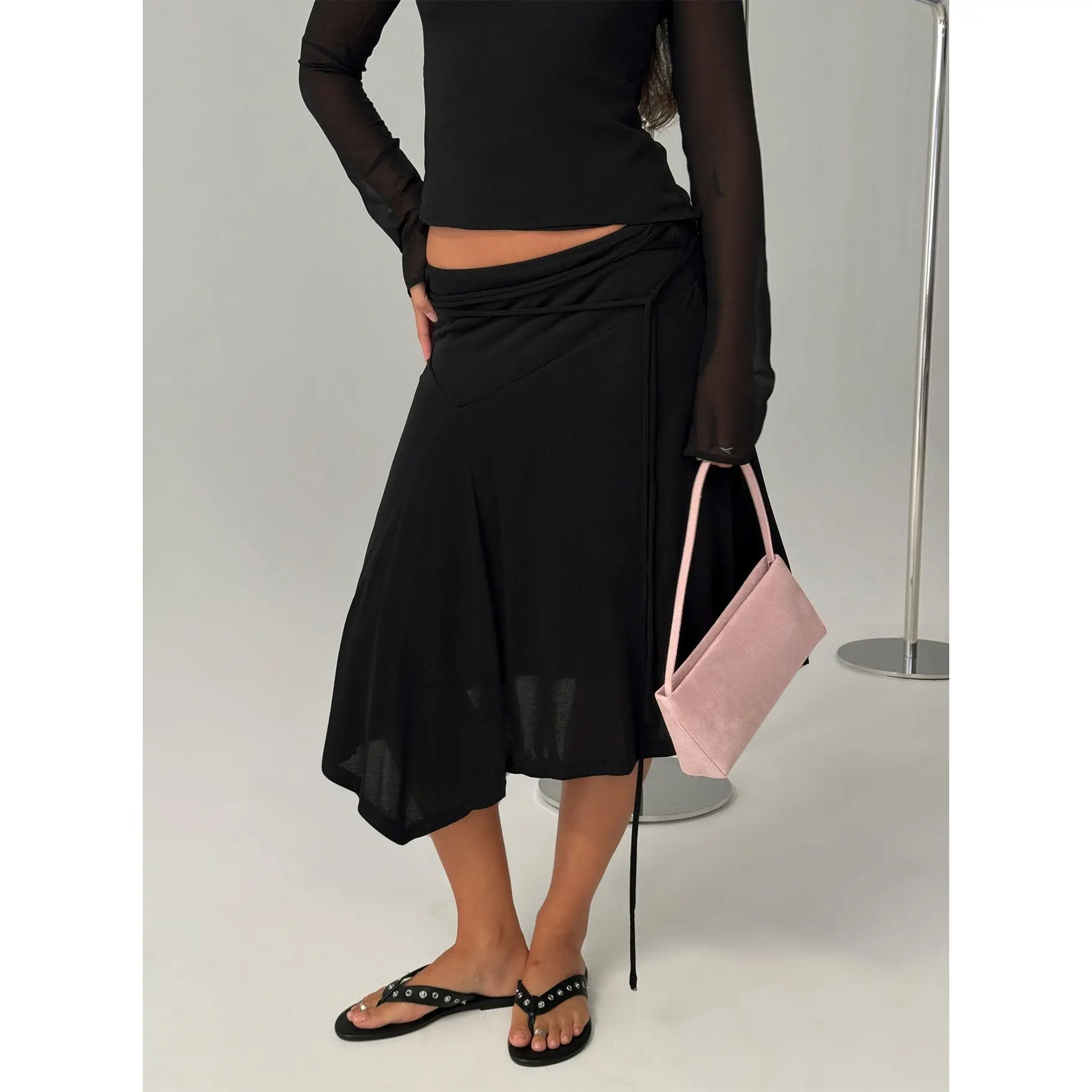 Joaney Tie Side Jersey Midi Skirt Black