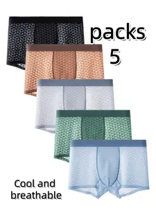 5-Pack Men's Ice Silk Soft Boyshorts, Breathable Mesh Design, Cool Waistband, Slim-Fit Casual Underwear, All-Season Comfort, Breathable Comfy Underwear