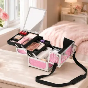 Costoffs Makeup Train Case with Mirror, Portable Travel Cosmetic Organizer with 2 Trays & Adjustable Dividers