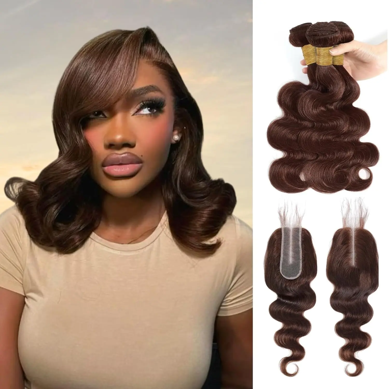ANMETAN 12A Body Wave Hair Bundles with HD Lace Closure, 100% Remy Human Hair Weaves, #4 Medium Dark Chocolate Brown, 3 Bundles, Soft Glossy, 100g ± 5g