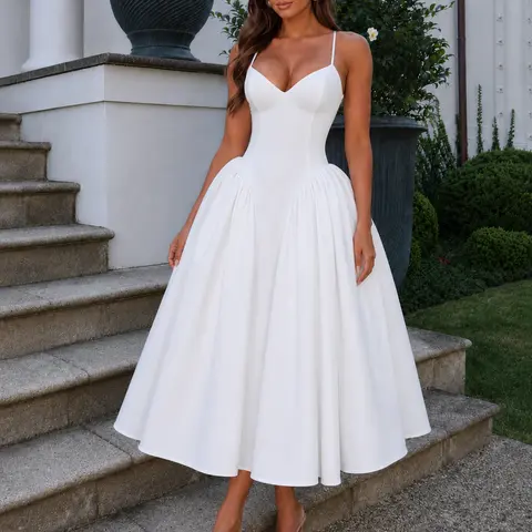 Azazie L'Amour Sweetheart Spaghetti Strap Basque Waist Full Skirt Midi Dress for Bridal Shower Engagement Party Wedding Reception sohochic