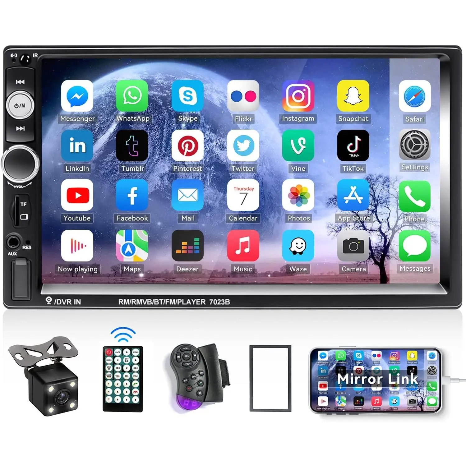 7" Double Din Car Stereo Audio Bluetooth MP5 Player USB FM Multimedia Radio+ 4 LED Mini Backup Camera with Steering Wheel Remote Support Mobile Phone Synchronization (Used in Android/iOS)