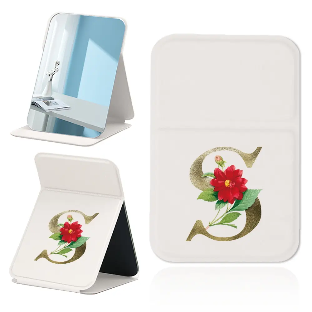 Student PU Leather Makeup Mirror | Initial Name 26 Letters Golden Flower Pattern | Foldable Stand with Protective Cover | Portable Vanity Mirror | Ideal Back to School for Classes & Dorms