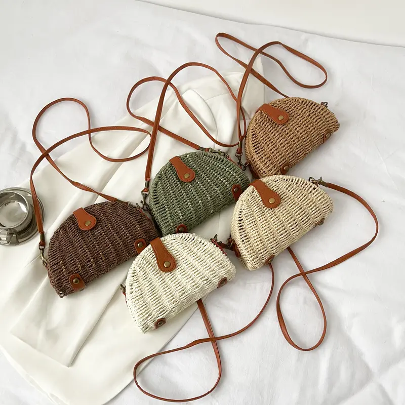 Women's Rattan Straw Handbag - 2024 Spring Summer New Semi-Circle Mini Crossbody Casual Wallet, Beach Accessory for Women, Handbags For Women
