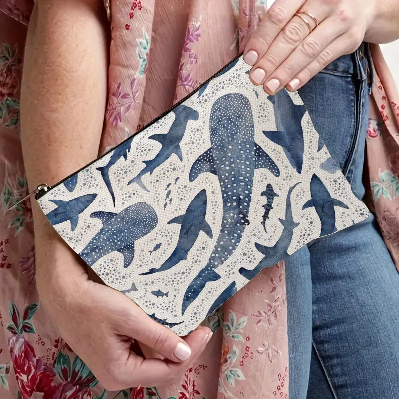 Watercolor Whale Shark Shark Coastal Aesthetic Makeup Pouch Portable Travel Zipper Cosmetic Bag Gift For Ocean Lover Friend Birthday