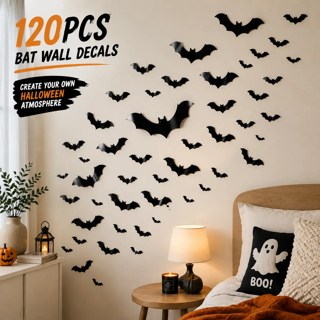 120PCS Bat Wall Decor, 3D Halloween Bat Wall Stickers, Black Flying Bat Decals for Room Decoration, 4 Sizes Spooky Halloween Decorations for Home, Bedroom, Party Decor