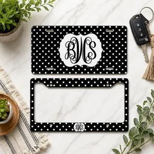 Personalized Monogram License Plate & Frame Set, Black White Polka Dot Car Tag, Custom Initial Car Accessory, Preppy Girly Auto Decor Gift