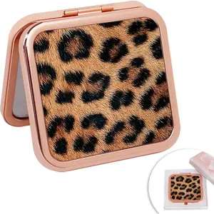 Leopard Brown Print Foldable Travel Pocket Mirror Square Metal Portable Mini Makeup Double Sided Handheld Magnifying, 2.8 in