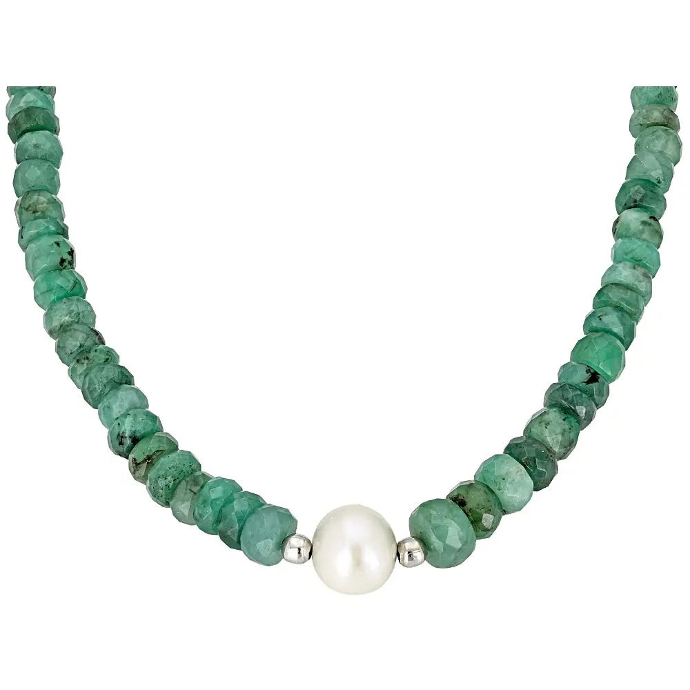 Beaded Pearl-Accented Necklace with Rondelle Green Emeralds and Cultured Freshwater Pearls in Rhodium Over Sterling Silver, 76.74ctw, Pearl-Accented Pearl Necklaces & Pendants