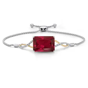 20.06 Ct Red Created Ruby G/H Lab Grown Diamond 925 Silver and 10K Yellow Gold Bracelet