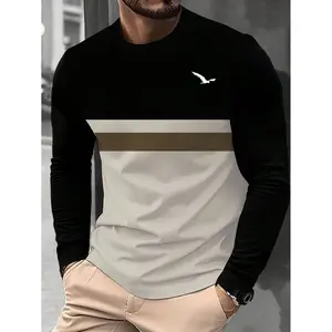 A new autumn and spring color-blocked business style round-neck men's casual long-sleeved T-shirt top.