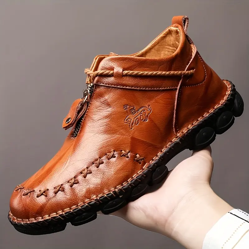 Men's Vintage-Inspired Lace-Up Closed Ankle Oxford Boots - Handcrafted Large-Size Brown Footwear, Breathable, Easy Zip Closure, Durable Rubber Sole for Fall/Winter Outdoor Use