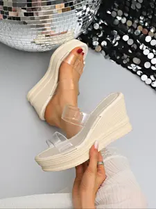 Women's Summer Transparent Clear High Heel Wedge Sandals, Thick Sole Rubber Roman Beach Slippers, New Style Modern Casual Slip-On Shoes for Outdoor Wear
