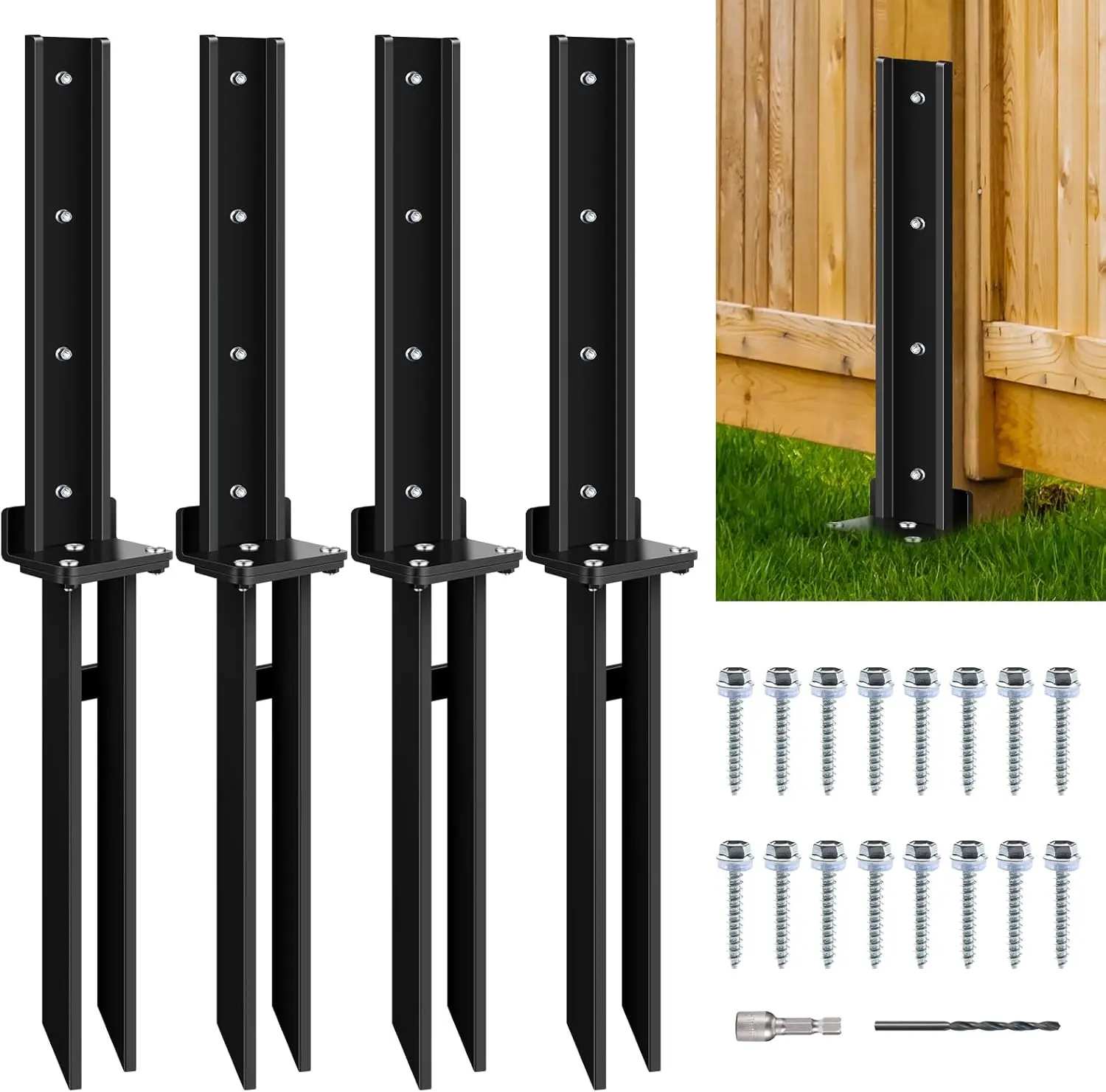 Outdoor Heavy Duty Alloy Steel Fence Post Repair Kit - 4-Pack Sturdy Brace with Anchor Stakes, Ground Spike Bracket Support for Tilted or Broken Wooden Fence Posts