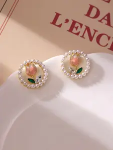 Women's Vintage Pink Tulip Stud Earrings with Pearl Frame Enamel Floral Earrings for Daily Wear Elegant and Romantic