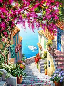 Mediterranean Coastal Village Diamond Painting Kit - Bougainvillea & Seaside View, Full Drill DIY Craft for Living Room Wall Decor