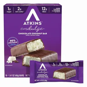 Atkins Endulge Chocolate Coconut Flavored Snack Bar, 1g Sugar, 12g Fiber, Low Sugar Snack, High Fiber Bars, Keto Friendly Treat, 16 Count