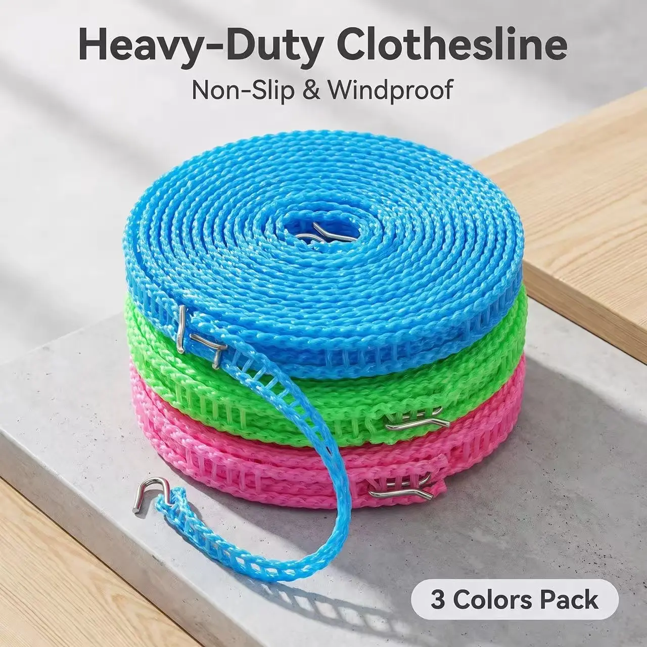 3 Pack 5M Non-Slip Nylon Clothesline with Metal Hooks, Portable Windproof Laundry Drying Rope for Home Travel Camping