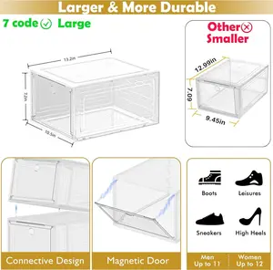 ShoneClear Stackable Shoe Boxes 6/12-Pack CLEAR Portable Storage Organizer for Sneakers & Bags Fits US Men's Size 13 Quick Assembly Stable Design Larger & More Durable