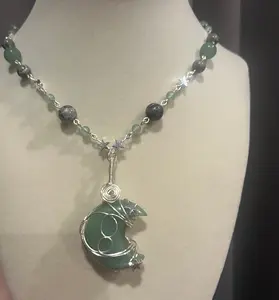 Green Aventurine moon silver-tone copper wire wrapped pendant beaded necklace