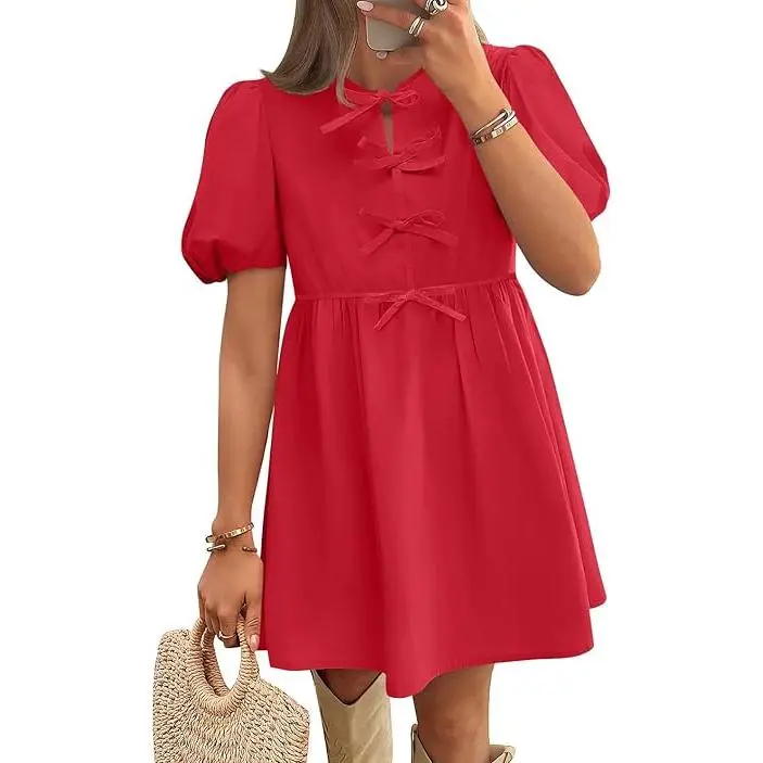 ZESICA Women's Summer Short Sleeve Tie Front Mini Dress Babydoll Ruffle Pleated A Line Vacation Graduation Short Dresses