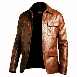 Deckra Men's Stylish Genuine Cowhide Leather Blazer Jacket - Long-Sleeve Brown Winter Top with Buttons, Pockets, Polyester Accents Coats