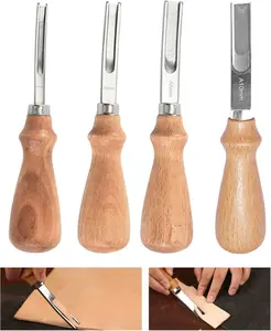 4Pcs Leather Edge Skiving Beveler Tool Set,French Beveler,Wide Mouth Leathercraft Edge Skiving Beveler Leather Edge Trimmer with Wooden Handle Four Sizes(4mm,6mm,8mm and 10mm)