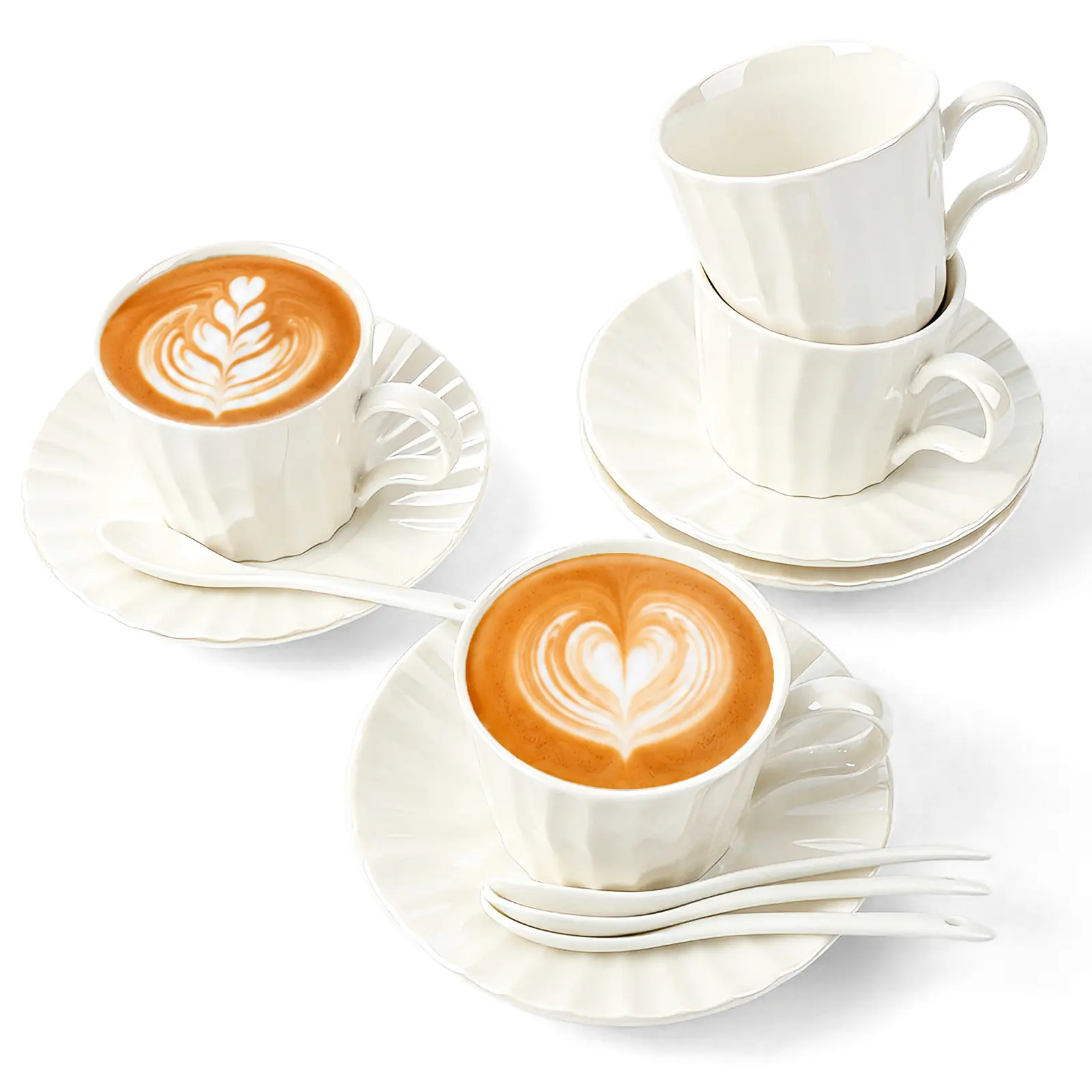 Minimalist Solid Ceramic Coffee Cup Set (4-Piece) - 6.76oz Pearl White Porcelain Cappuccino Cup, Saucer & Spoon, Dishwasher & Microwave Safe Kitchen Drinkware for Latte, Tea, Dishwasher Safe