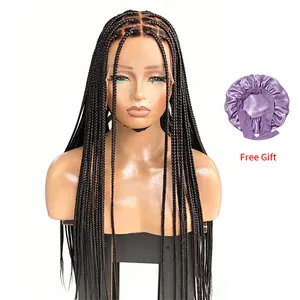 36Inch Synthetic Long Box Braided Wig Full Lace Straight Cornrow Braiding Wig Burgundy Knotless Cornrow Braid Wig With Baby Hair