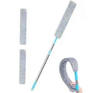 Retractable Gap Duster with Extension Pole, Flexible Microfiber Brush for Under Appliances, Furniture & Tight Spaces, Washable Flat Duster for Fridge Stove Couch Crevices (2 Replacement Fabric)