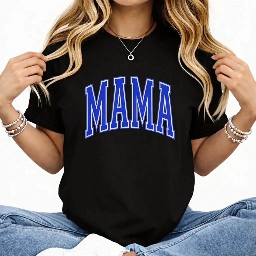 Women's Fitted Cotton Short-Sleeve Crew Neck T-Shirt - Camo Mama Digital Puff Print with Bold Blue Lettering summerwins