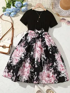 Girls Short Sleeve Patchwork Dress with Floral Print and Large Skirt, Slim-Fitting Elegant Style with Waist Tie for Daily and Birthday Party Wear, Floral Skater Dress, Summer Flowy Dresses
