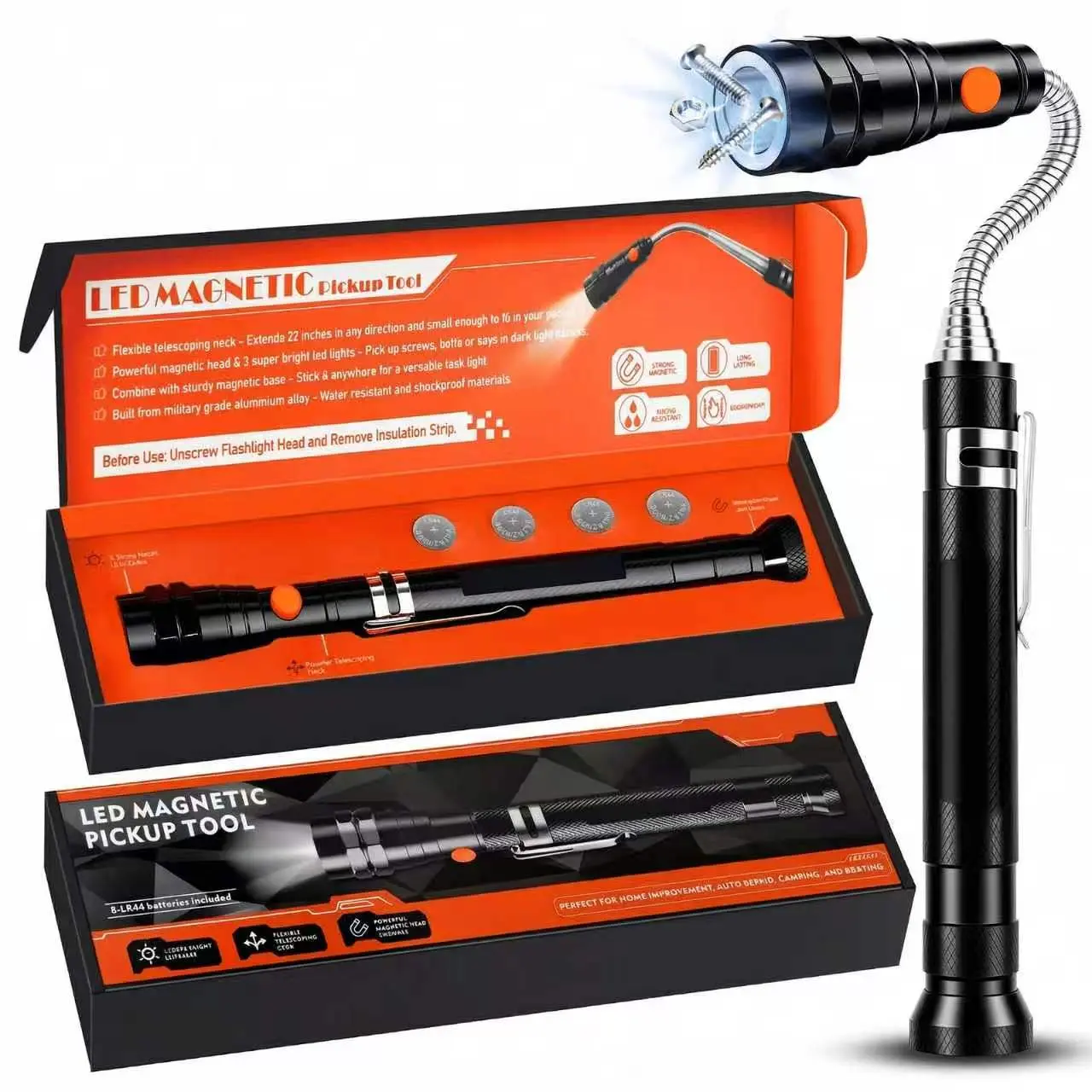 LED Magnetic Pickup Tool with 360° Flexible Neck, 22-Inch Telescoping Neck, Magnetic Base, 3 Super Bright LEDs, Pocket-Clip Design - Portable Flashlight for Home Improvement, Car Repair, Dark Key-Retrieval