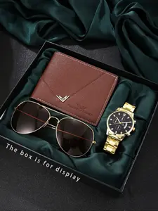 Luxury Watch Set Gift Box, Golden Wristwatch, Wallet, Gold Frog Glasses, Retro Luxury Style, Men's Daily Wear, Men Accessories