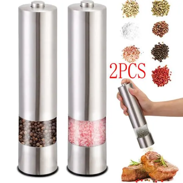 2-Pack Stainless Steel Electric Salt and Pepper Shakers Set, Kitchen Gadgets Kitchenware Seasoning Utensils - Adjustable Coarseness, LED Light, Rechargeable, Bottom Caps for Leak Prevention, Ideal for Gourmet Cooking