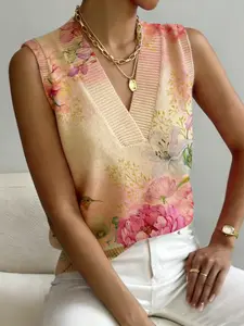 Women's Casual Everyday Vintage Watercolor Floral Hummingbird Animal Print V-Neck Sleeveless Knit Sweater Vest, Comfortable Breathable Spring Summer Fall Top Vneck