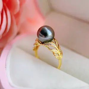 Piswency Genuine Black Tahitian Seawater Pearl Ring, 925 Sterling Silver Adjustable Ring with Natural Green Luster, Fine Jewelry Gift