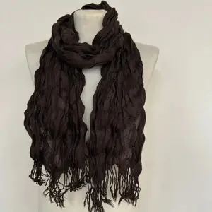 Crinkle Textured Acrylic Long Scarf with Twisted Fringe Grey Purple Maroon Teal Brown Cozy Stylish 65cm x 168cm 105g Soft Acrylic Fabric