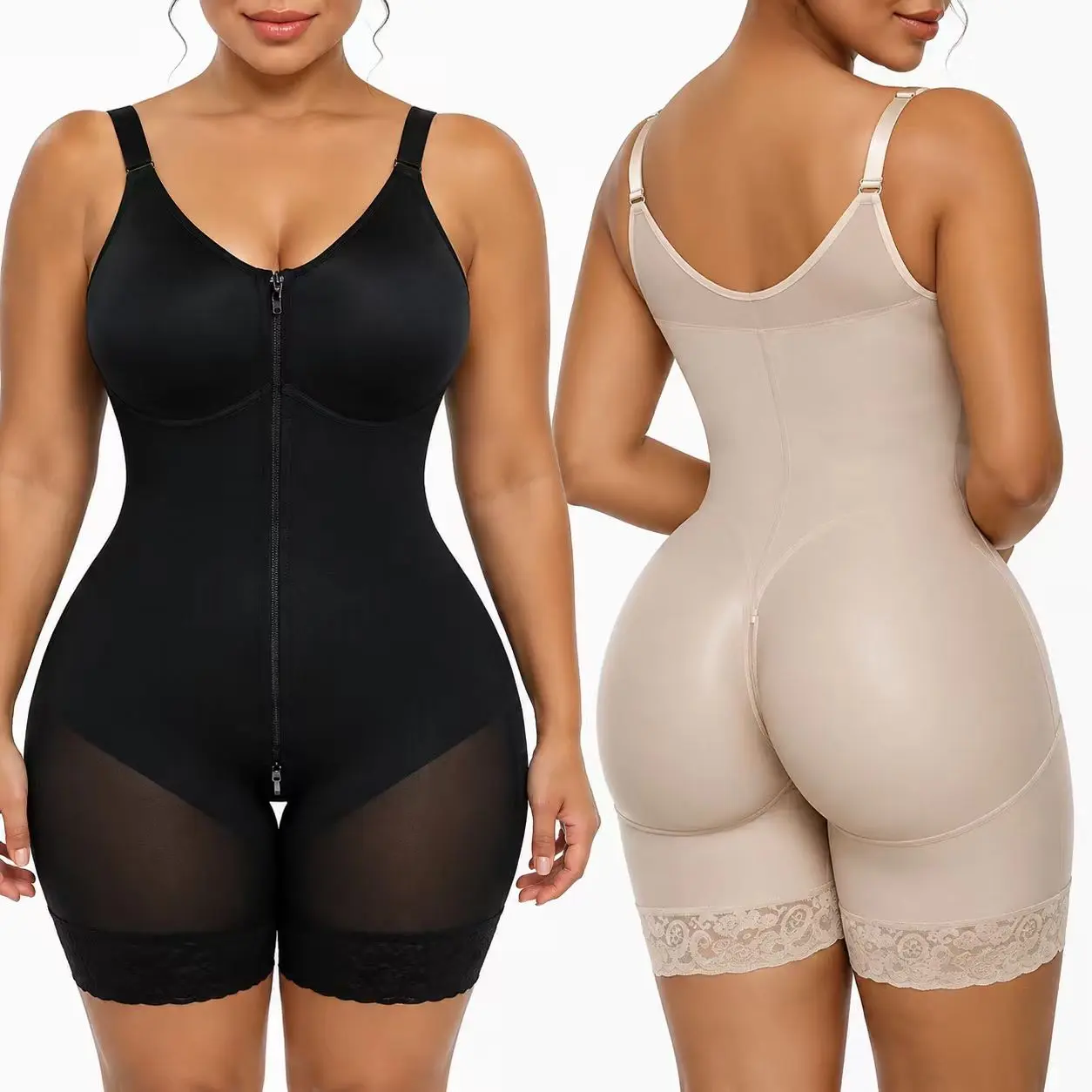 SCULPT-GLAM High Compression Bodysuit Backless Built-in Bra High Waist Full Body Faja with Zipper Crotch & Detachable Straps