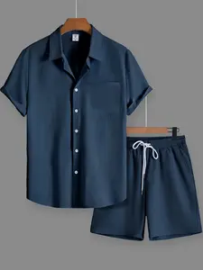 Men's Navy Blue Textured 2-Piece Casual Set, Menswear - Short-Sleeve Button-Down Shirt (with Chest Pocket & Rolled Cuffs) + Matching Drawstring Waist Shorts, Ultra-Soft Wrinkle-Resistant Fabric, Relaxed Fit, Versatile for Daily Casual, Café Hangouts